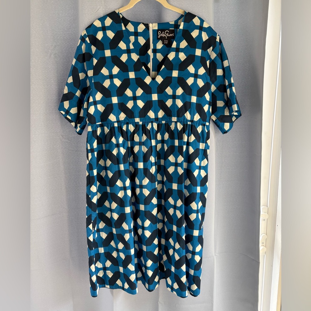 Lesley Evers dress short sleeve v neck cotton geometric blue white xl pockets